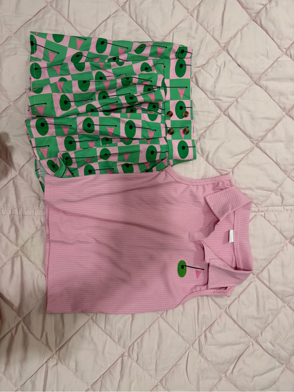 Pink Ribbed Tank with Green Patterned Skirt Set